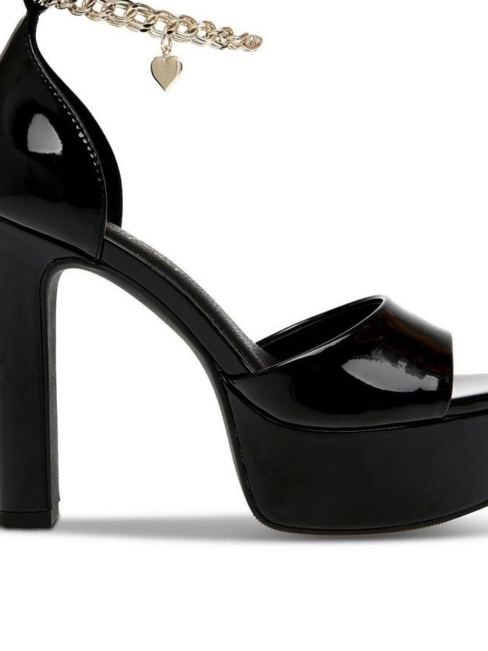 Wild Pair Womens Black Platform Block Heel Sandals with Gold Chain Ankle Detail